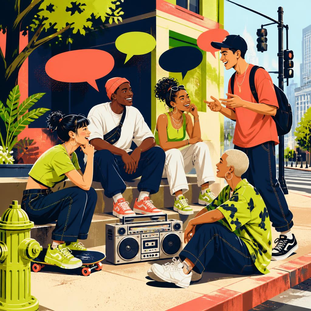Illustration of people talking and sharing music on a city street corner